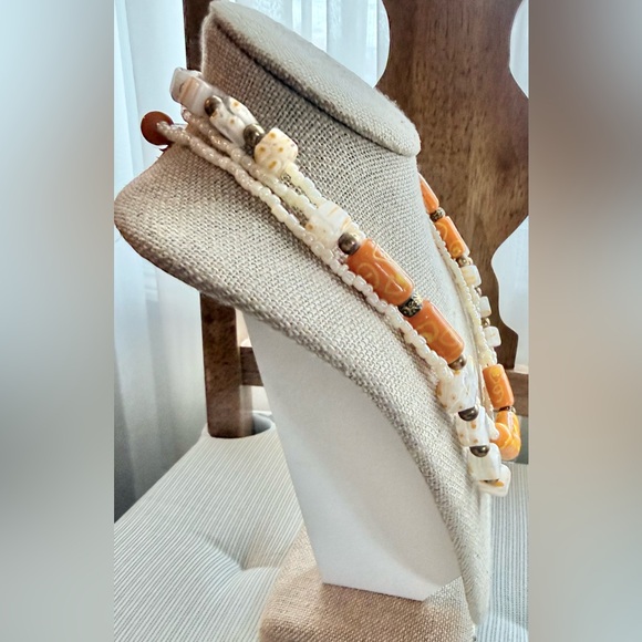 Millefiori Cube & barrel Cream Mustard Orange Art-glass & Seed Bead Necklace - Picture 4 of 14